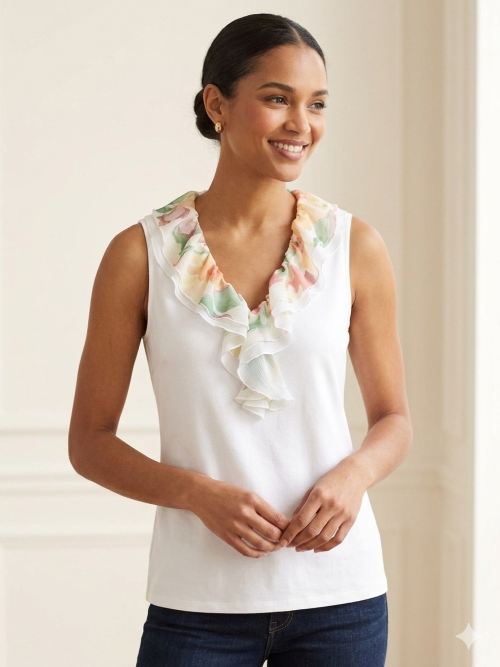 LAUREN Ralph Lauren Women's Sleeveless Top Large White Floral Ruffle Neck Blouse
